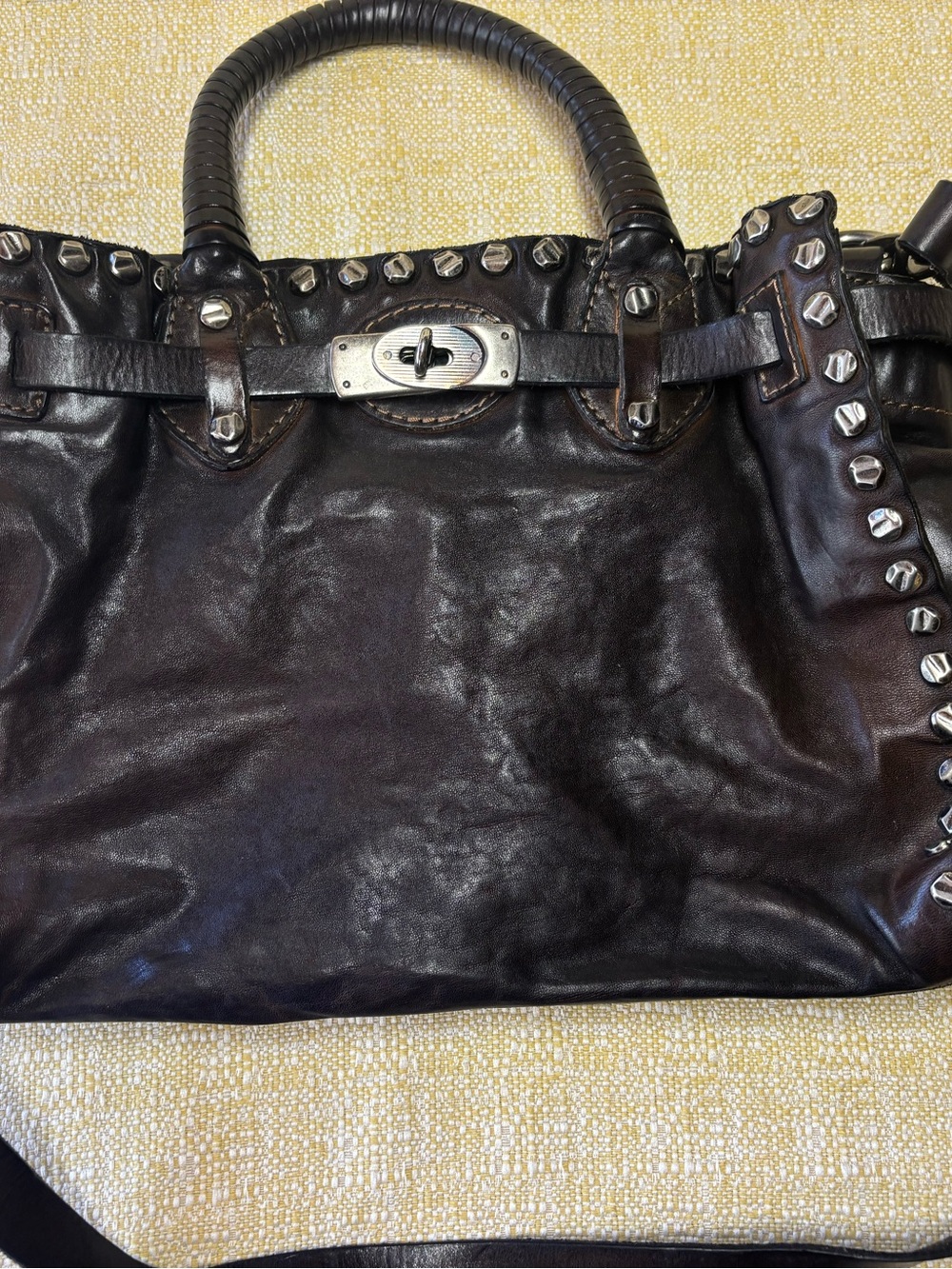 Giorgio Brato Dark Brown Leather Stud-Accent Shoulder Bag with Turn-Lock - Picture 2 of 10